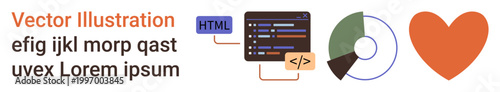 Web development, data analysis, creative design, tech innovation, programming, software engineering. Image shows coding inputs, data chart and a heart shape. Web development and data analysis