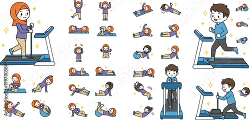 Cartoon Fitness Workout Vector Set with Men and Women Exercising Running on Treadmill Yoga Poses and Home Gym Activities for Healthy Lifestyle Design