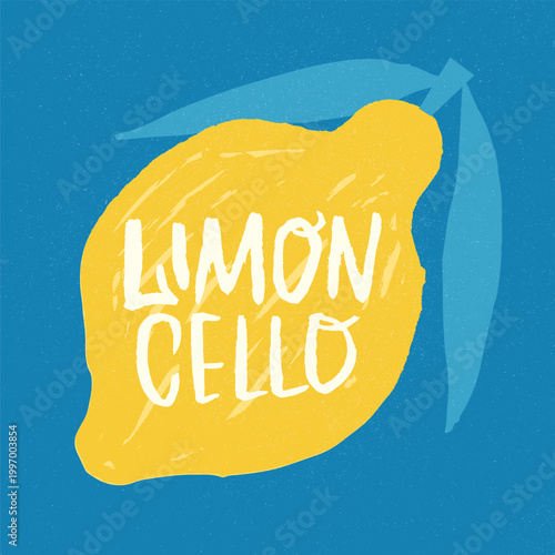Rustic Limoncello Amalfi lemon with bold hand written typography and grainy ink texture, vintage Mediterranean summer poster for kitchen wall art, cafe menus, wine labels, postcards. Vector