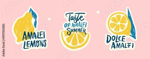 Craft textured Amalfi lemon sticker set, hand drawn Italian summer lettering icons with rough ink lines for fashion patches, phone cases, planners, postcards and playful Mediterranean branding. Vector