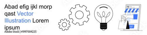 E-commerce, innovation, technology, business ideas, online marketplace, e-business. Gears, light bulb and e-commerce store design. E-commerce and innovation visually