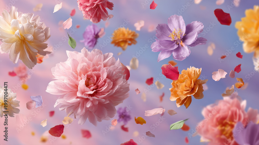 Naklejka premium Dreamy Abstract Background Featuring Vibrant Colorful Flowers and Delicate Petals Floating Gracefully in a Soft Pastel Pink and Purple Sky, Enchanting Botanical Composition for Romantic Art Design