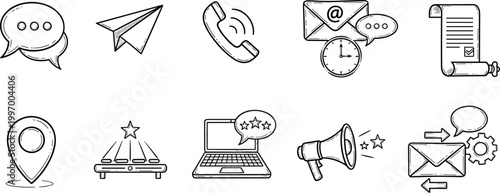 Communication and Marketing Outline Icon Vector Set with Chat Message Email Phone Location Laptop Megaphone and Business Symbols for Web Design