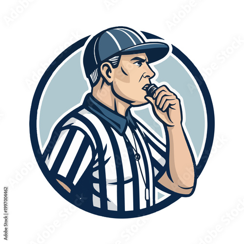 Referee blowing whistle in striped uniform and cap on white background Keywords: referee