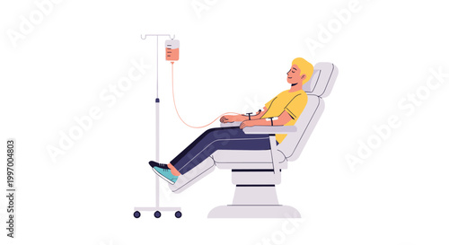 A young man with blonde hair sits comfortably in a white medical reclining chair while donating blood through a sterile intravenous tube and bag.