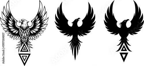 Illustrations of Majestic Phoenix Birds in Black and White for Mythical and Symbolic Designs