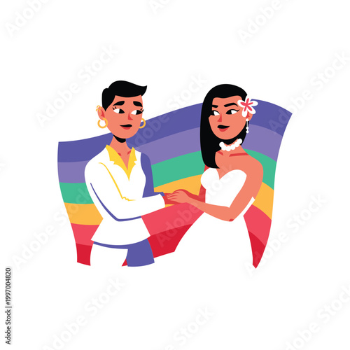LGBTQ Pride, gay couple, rainbow flag, love, equality, vector illustration