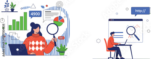 Business data analysis and research vector illustration with charts, graphs, dashboard monitoring and digital performance concept