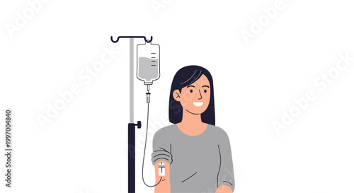 A cheerful young woman with dark hair receives intravenous fluid therapy from a transparent medical bag suspended on a tall metal stand in a clinic.