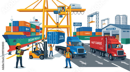 Diverse team of workers manage cargo operations at a busy international port with ships, trucks, cranes, and containers symbolizing global logistics and industry