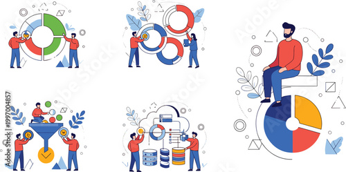 Business data analysis and teamwork vector set with charts, diagrams, cloud storage and financial statistics illustration