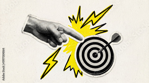 Pop Art Target Goal Collage Illustration, Halftone Texture, Business Strategy Achievement Concept, Retro Magazine Cutout Style Marketing Graphic