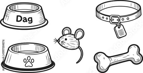 Charming sketch of pet supplies bowls collar mouse toy and bone for a beloved canine companion