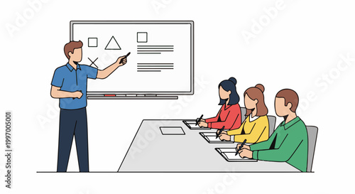 A male presenter explains key concepts on a whiteboard to a diverse group of students diligently taking notes in a professional learning environment.