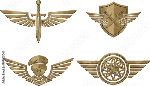 Illustrations of Military and Air Force Insignia with Wings, Swords, and Shields for Emblem and Badge Designs