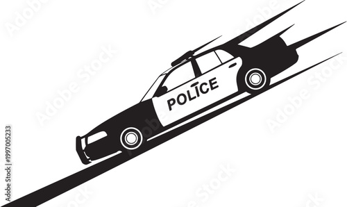 Police car, speeding police vehicle, black and white illustration, law enforcement icon