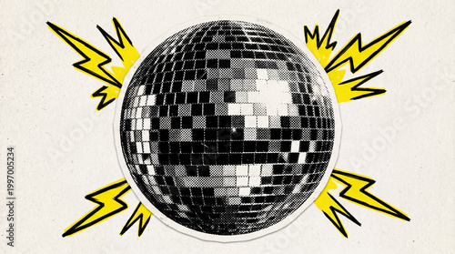 Pop Art Disco Ball Collage Illustration, Halftone Texture, Nightlife Party Music Dance Concept, Retro Magazine Cutout Style Club Graphic