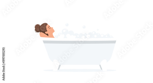 A serene young woman with her hair tied in a neat bun relaxes peacefully while soaking in a classic white bathtub filled with thick white soap bubbles.