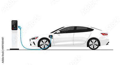 A sleek white electric sedan is parked on a flat surface while connected to a modern vertical charging station by a long flexible blue power supply cable.
