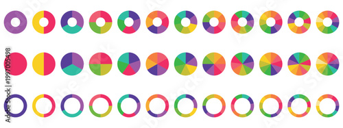 Pie chart color icons. Segment slice sign. Circle section graph. Set of colorful pie charts. Colorful pie charts with varying segments.