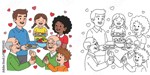 Happy Multi-Generational Family Sharing Food and Love - Diverse Cartoon Illustration