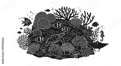 Black and white sea turtle swimming.