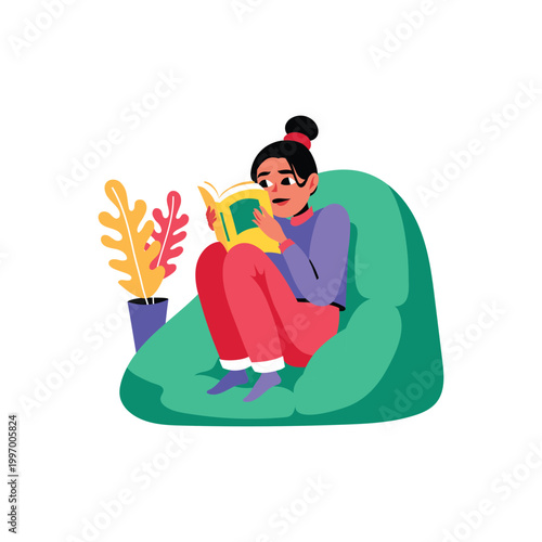 Woman reading book on bean bag, colorful illustration, relaxation scene, indoor leisure