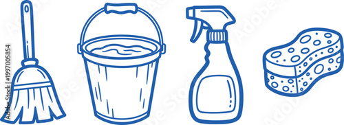 Hand drawn cleaning supplies a broom bucket spray bottle and sponge illustrate household chores and hygiene