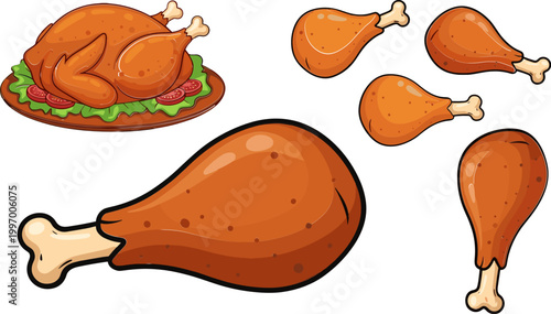 Illustrations of Roasted Chicken with Drumsticks and Platter for Culinary and Food Designs
