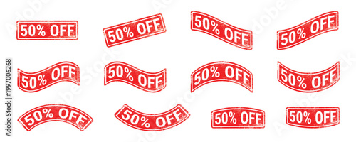 fifty percent off red rubber stamp set grunge textured sale discount label collection