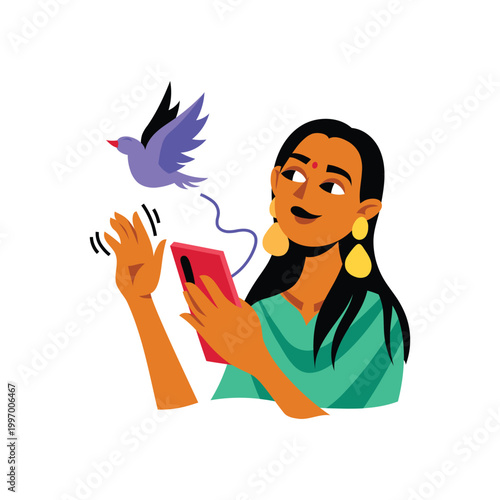 Woman with smartphone, purple bird, social media, communication, mobile device, illustration