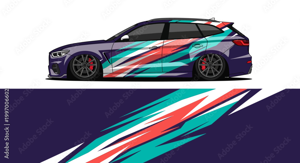 Fototapeta premium Stylized race car with vibrant teal, red, and white wrap on dark background.
