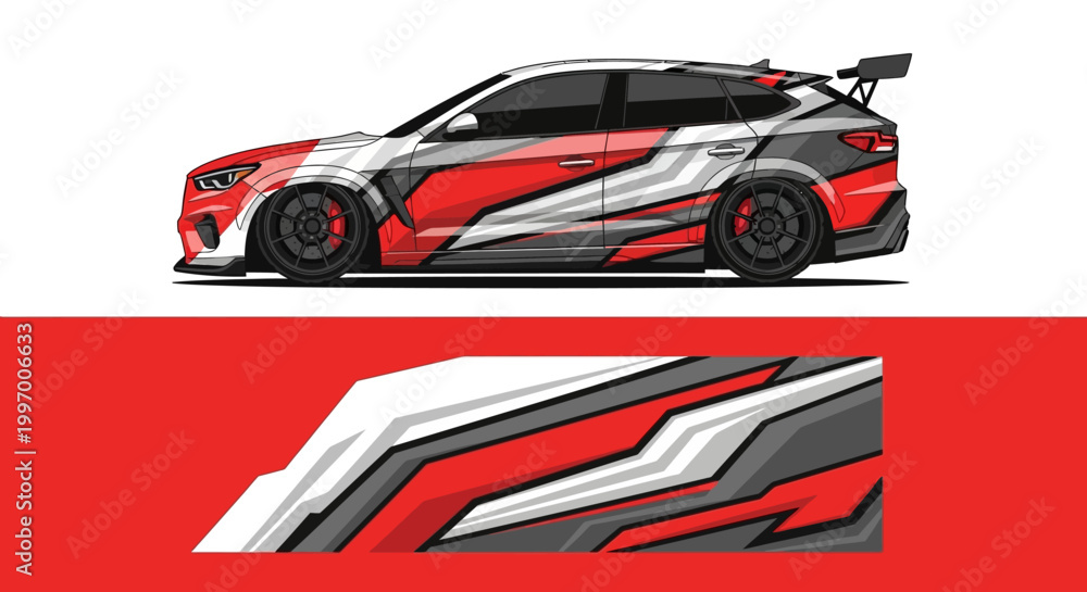 Obraz premium Sleek red and white racecar with aggressive graphics and aerodynamic design on a sports-inspired body.