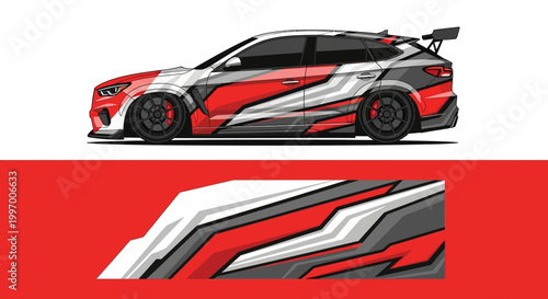 Sleek red and white racecar with aggressive graphics and aerodynamic design on a sports-inspired body.