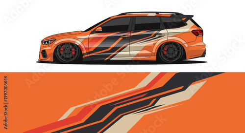 Orange race car with bold striped graphics and sleek profile in side view.