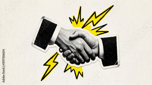 Pop Art Business Handshake Collage Illustration, Halftone Texture, Partnership Agreement Deal Concept, Retro Magazine Cutout Style Corporate Graphic