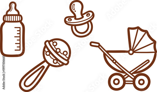 Charming hand drawn illustration of essential baby items including a bottle pacifier rattle and stroller perfect for nursery decor