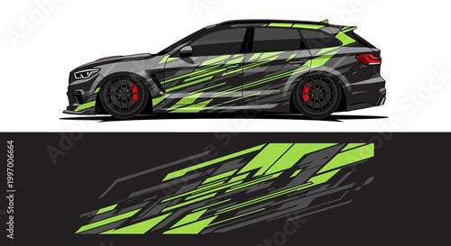 Tableau sur toile Sleek green and black race car with angular lime graphics and aerodynamic profile