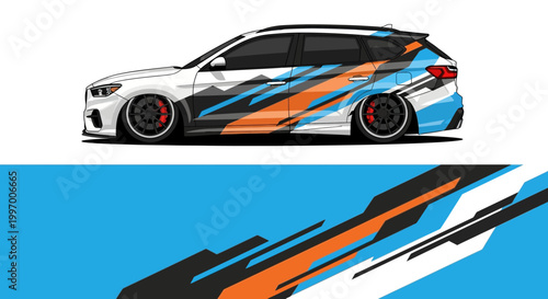 Bilde på lerret Sleek race car with bold blue orange black graphic livery and flowing stripes