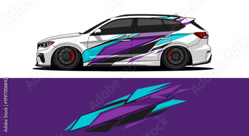 Vibrant colored race car with dynamic wrap design and bold graphics.