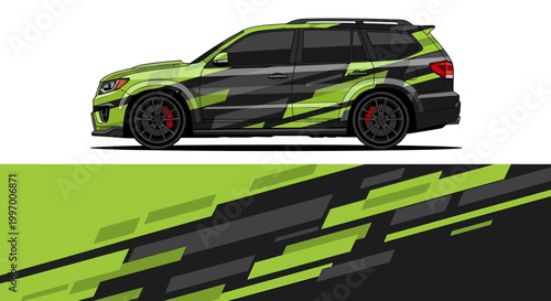 Sporty lime green camouflage car shown in profile.