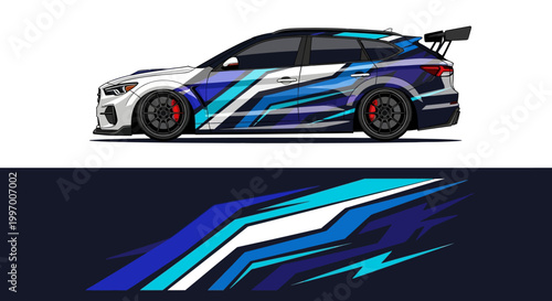 Blue striped race car with bold graphic livery and aerodynamic design on track.