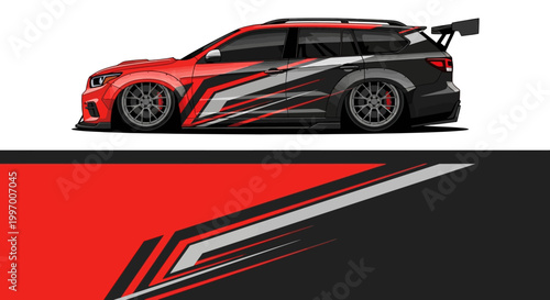 Sleek red and black racecar with bold graphics and aerodynamic design for motorsport enthusiasts.
