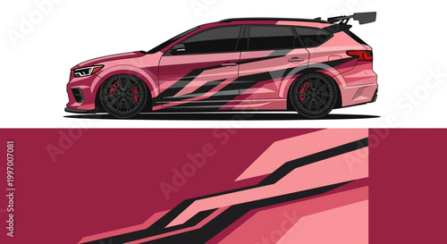 Sleek pink sports car with bold racing stripes photographed in profile view.