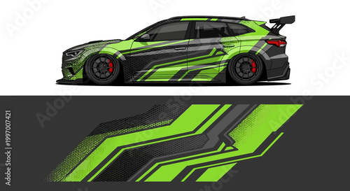 Side view of neon green graphics wrapped race car in bold design.