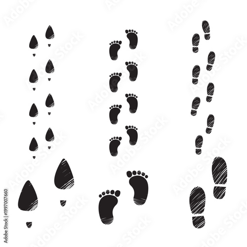 Conceptual set of family footprint tracks including woman high heels, child barefoot prints, and business shoes. Represents diversity, lifestyle stages, and human connection