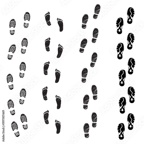 Collection of different shoe and foot tracks including mountain boots, barefoot prints, business shoes, and sneakers