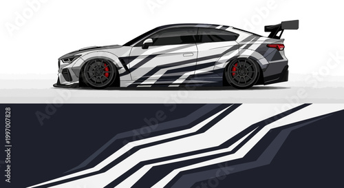 High Performance Sports Car with Dynamic White and Black Graphic Wrap.
