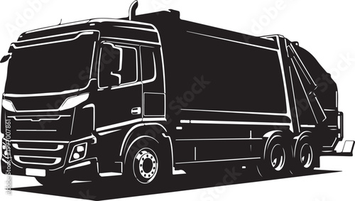 Black garbage truck, waste management vehicle, sanitation truck, illustration