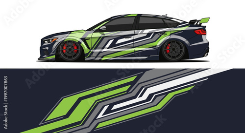 Stylized race car illustration with neon green accents and bold side graphics.